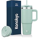 Konokyo 30 oz Tumbler with Handle and 2 Straws,2 in 1 Lid Insulated Water Bottle Stainless Steel Travel Coffee Mug,Retro Green