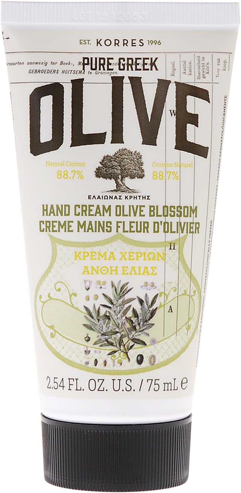 Korres Pure Greek Olive Blossom Hand Cream Vegan 75ml Moisturising Non-Oily