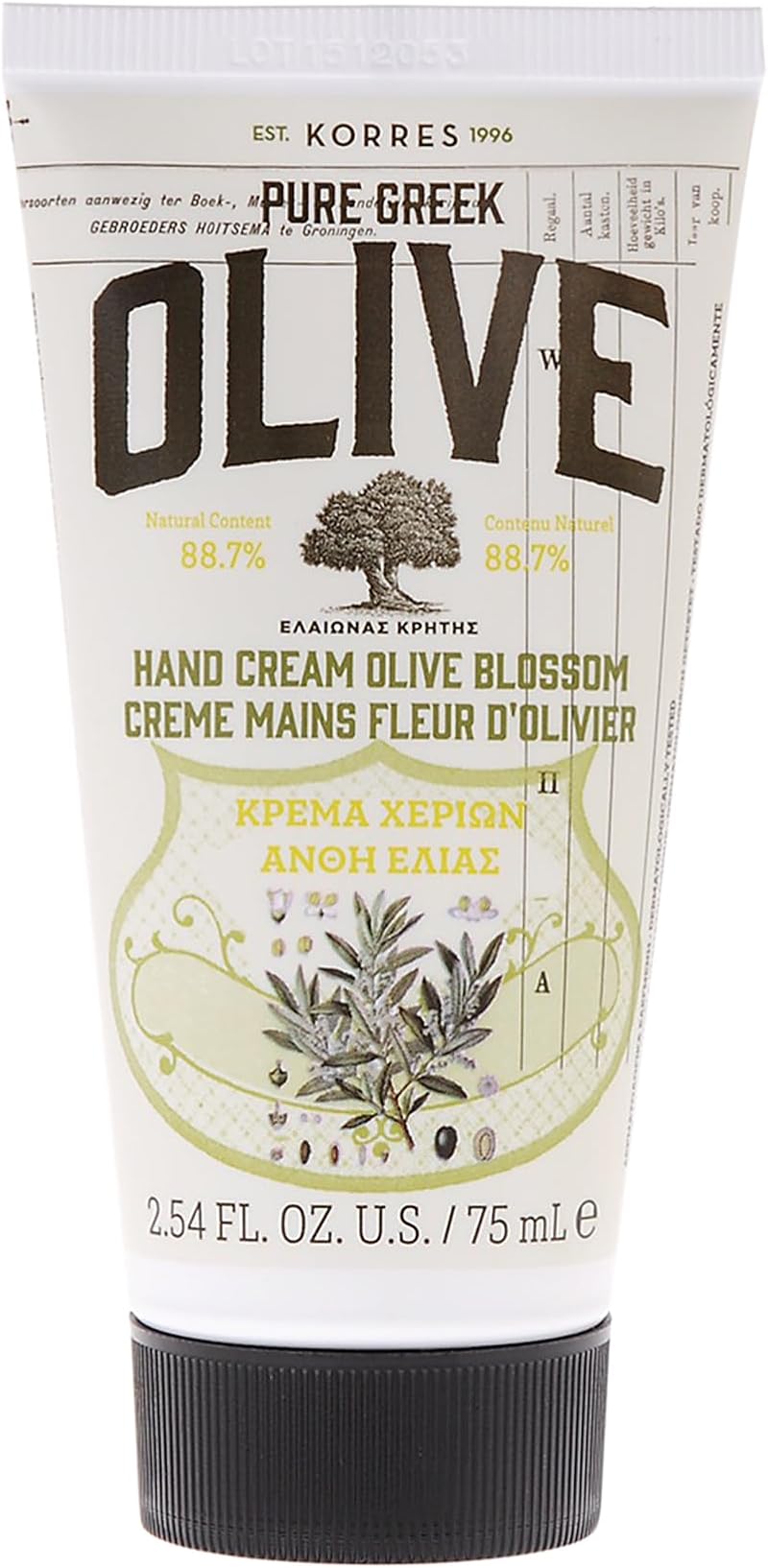 Korres Pure Greek Olive Blossom Hand Cream Vegan 75ml Moisturising Non-Oily