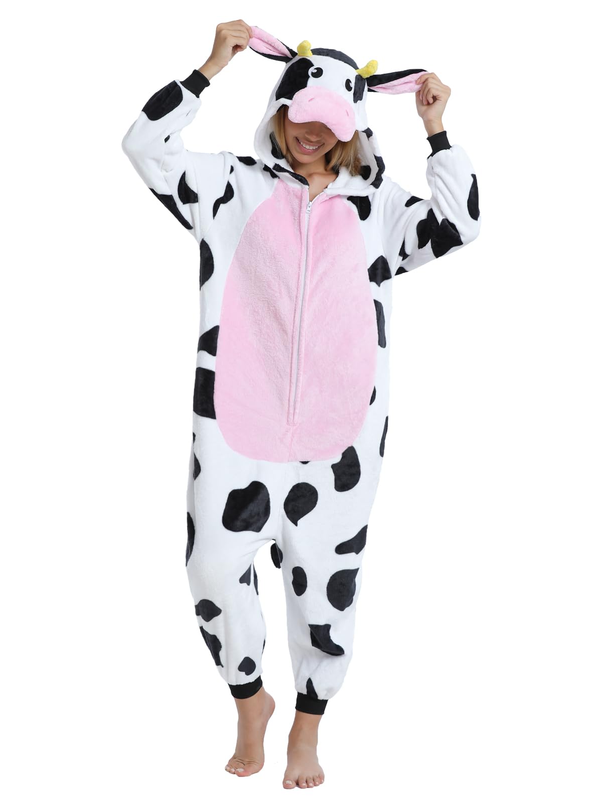 Xaunohu Adult Onesie Pajamas Animal One Piece Pink Cow Costume ...
