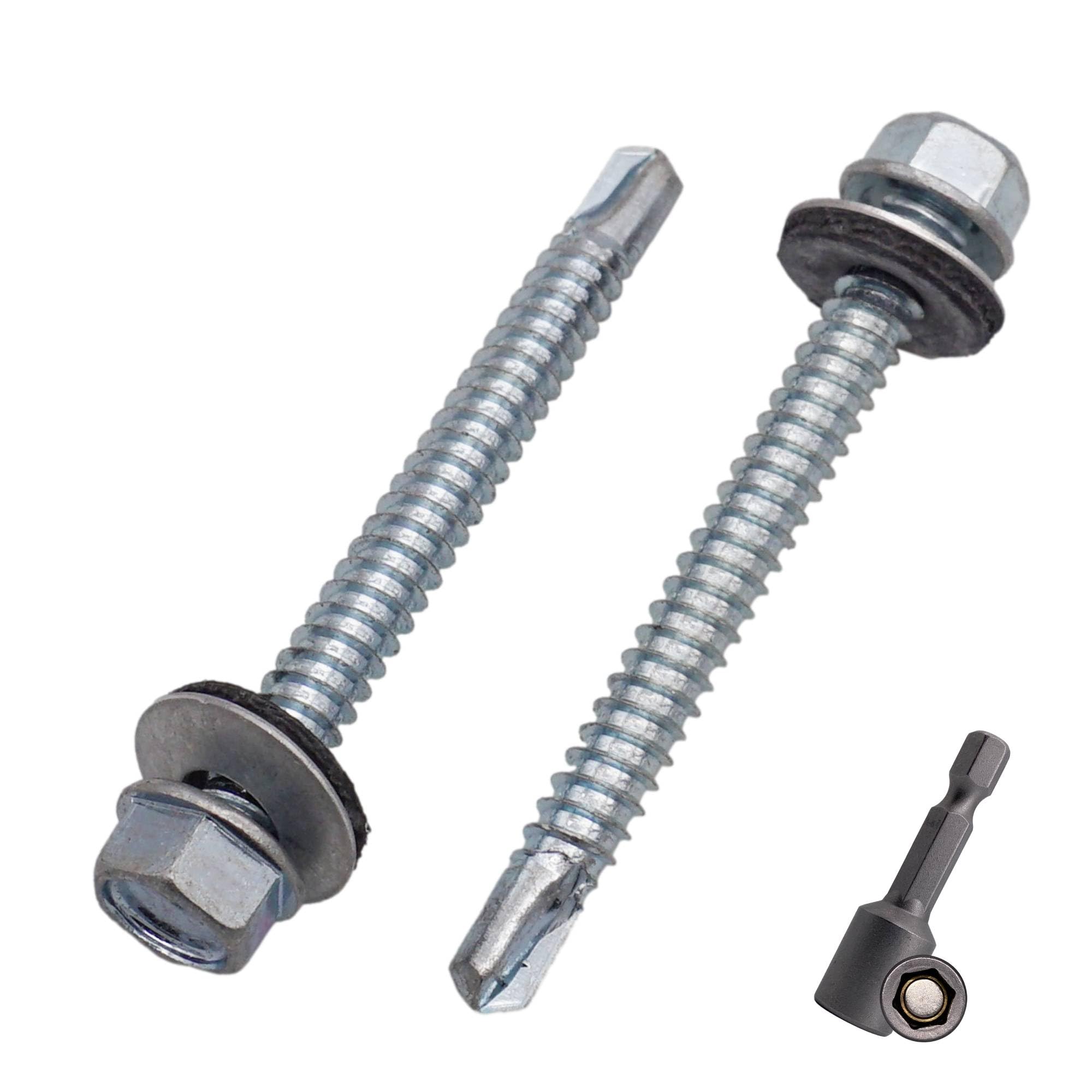 SKIR'CO (25 pcs) Zinc Plated Roofing Screws 6.3 x 60 mm, Hex Head, DIN 7504-K Self-Drilling Screws with EPDM Sealing Washers