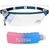 INOXTO Slim Running Belt Fanny Pack for Women and Men Sports Waist Bag Pack with 300ml Water Bottle for Running Walking Cycling Hiking Reflective Running Pouch Belt for All Phones (Black) (White Blue)