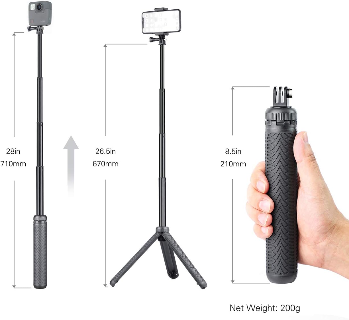 SOONSUN 3in1 Aluminum Waterproof Selfie Stick for GoPro Hero 13 12 11 10 9 8 7 6 5 4, Fusion, Max, Session, Insta360, AKASO - Image 3