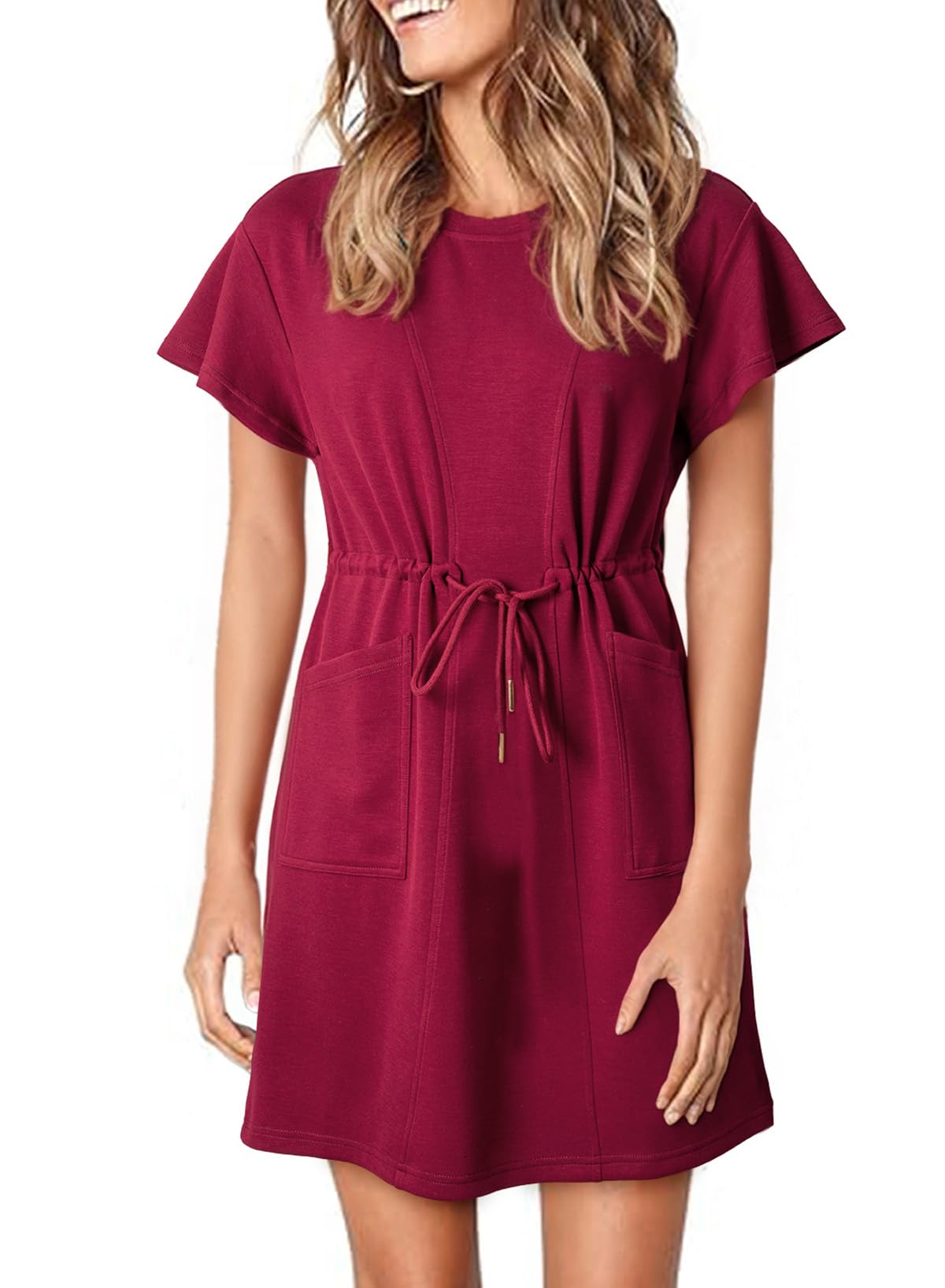 Photo 1 of *USED*EVALESS Womens Casual Spring Summer Dresses 2025 Fashion Beach Vacation Crewneck Ruffle Short Sleeve Flowy Swing Mini A Line Dress T-Shirt Dress,Burgundy Medium