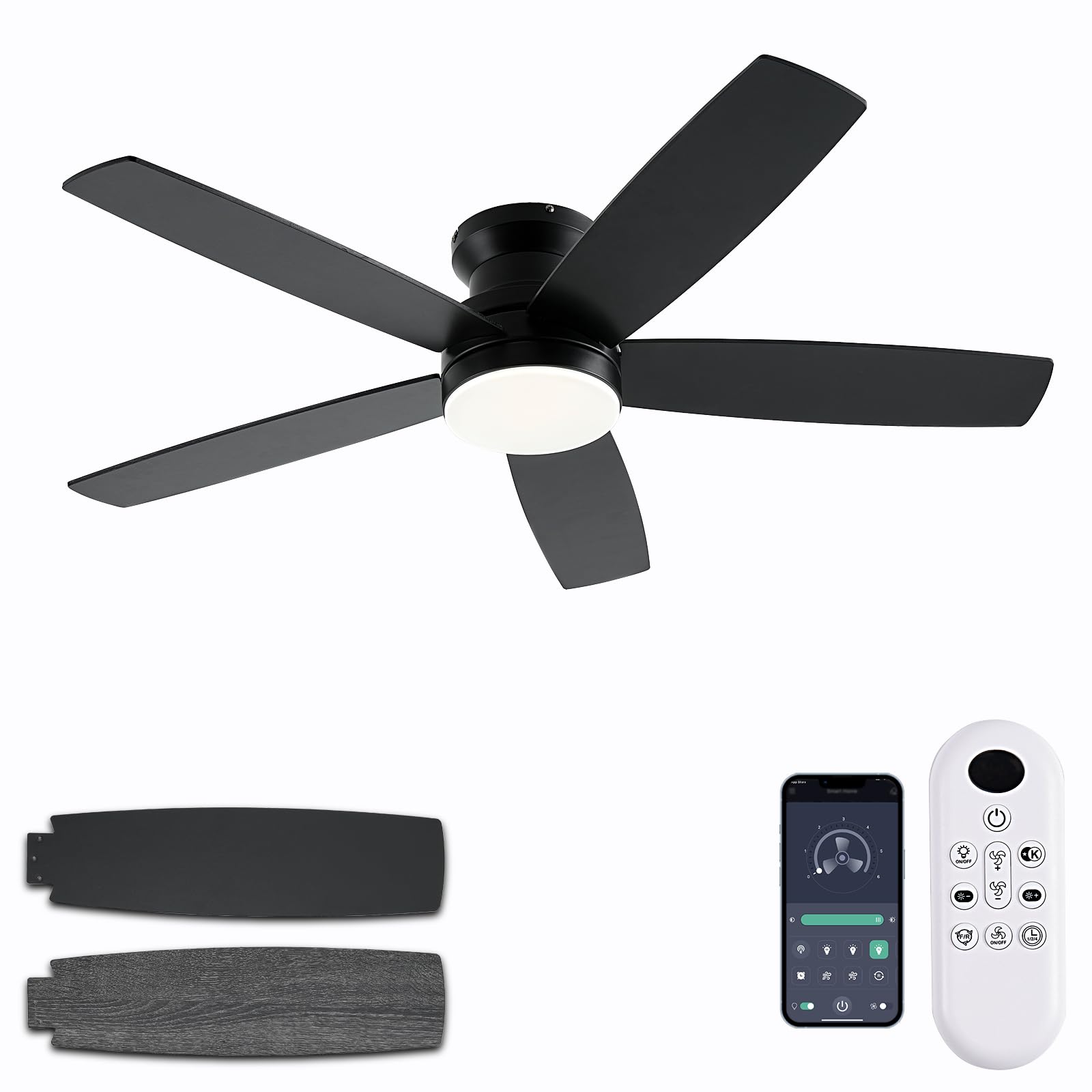 Photo 1 of NKPU Black Ceiling Fans with Lights, 48Inch Low Profile Ceiling Fan with Light and Remote/App Control, Flush Mount, Reversible DC Motor, 3CCT Dimmable led, Modern Ceiling Fan for Indoor/Outdoor Use