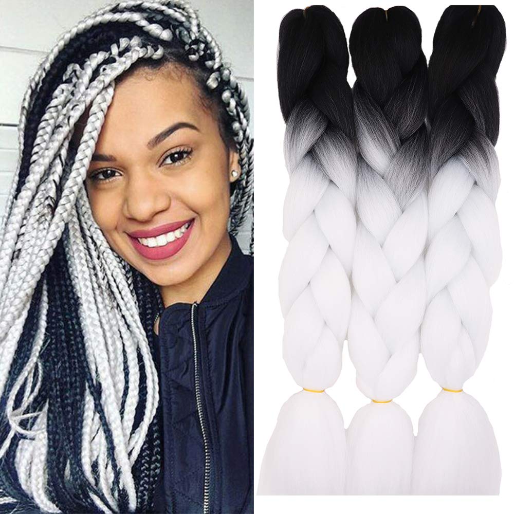 24" Braiding Hair Extension Jumbo Braids Synthetic 3bundles/pack Crochet Hair Afro Box Braid Heat Resistent (Black&White)