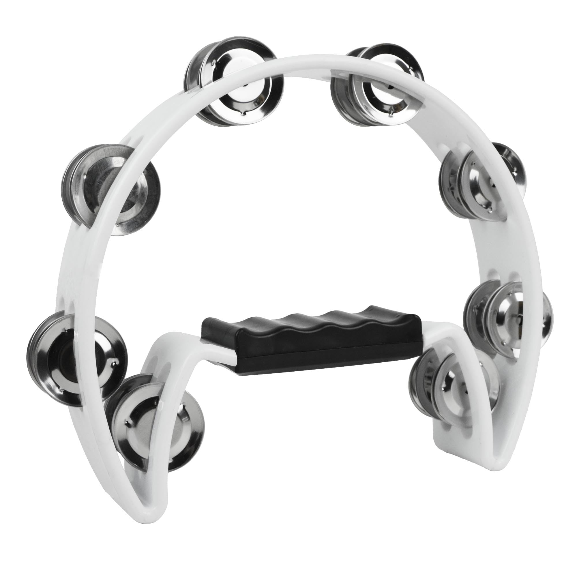 A-Star Half Moon Tambourine, Double Jingle Bell Cutaway with Ergonomic Grip Handle - Singers, Bands, Musicians, Music Classes - White