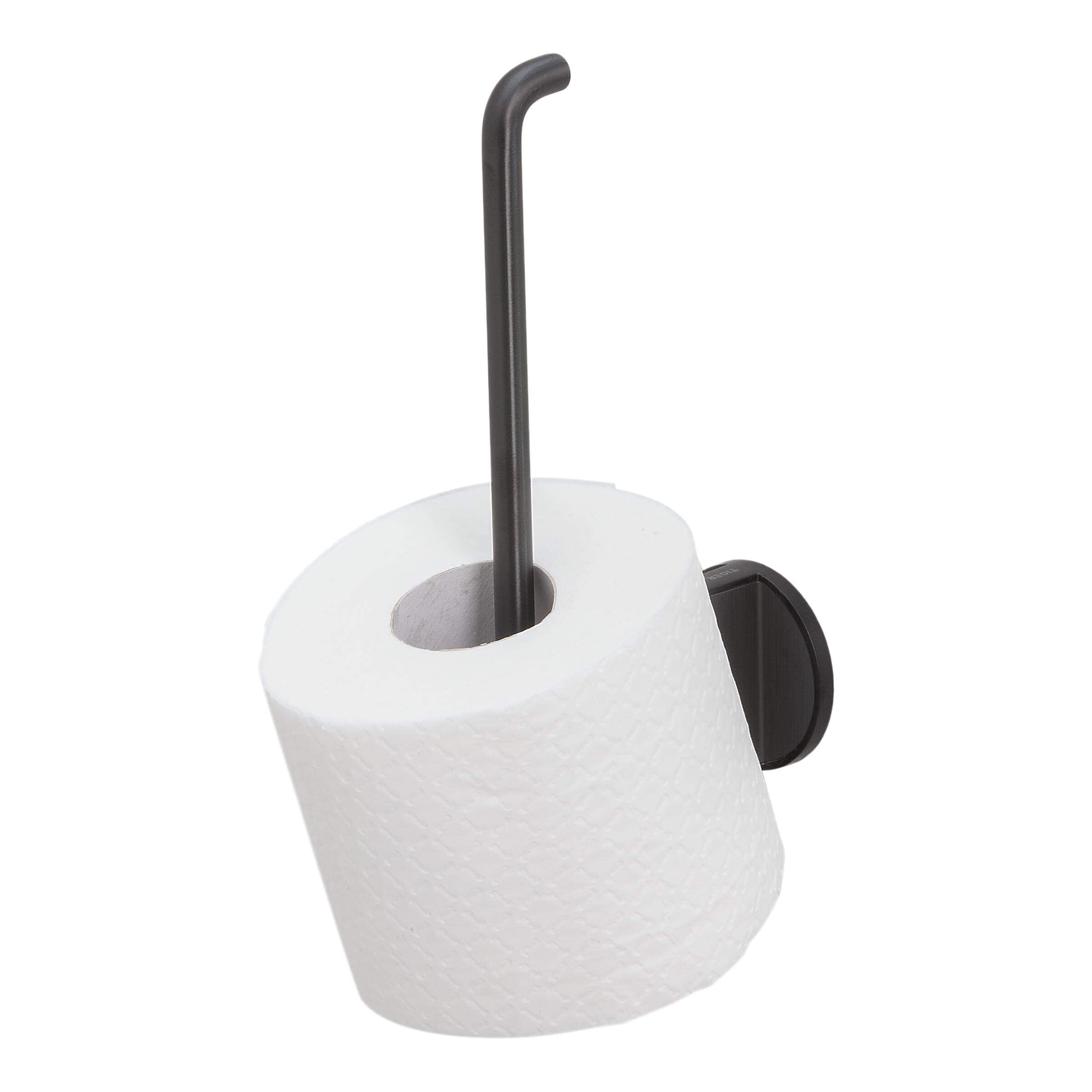 Tiger Tune Spare Toilet Roll Holder, No Drilling Required Thanks to 3M Self-Adhesive Backing System, Optional Mounting with Screws and Plugs, Black Metal Brushed, Black, 5.4 x 23 x 9.4 cm