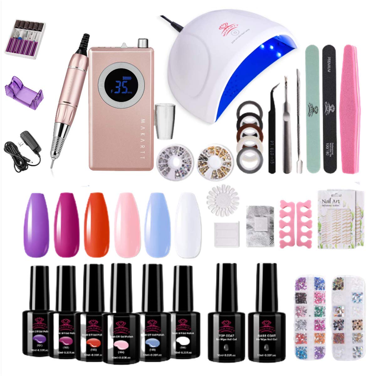 Makartt Rechargeable Nail Drill Machine Pink with Gel Nail Polish Kit with LED Light Starter Kit Bundle