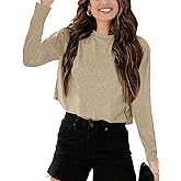 Tankaneo Women Long Sleeve Crop Tops Loose Crew Neck Cropped T-Shirts Drop Shoulder Casual Basic Tees L-Blue