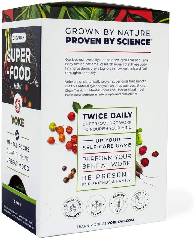 Voke Energy | Jitter-Free, All-Day Packs for Energy, Mental Focus, Upbeat Mood and Clear Thinking | 60 Chewable Superfood Tablets with Vitamin C Antioxidants | 30 Day Supply: Health & Personal Care
