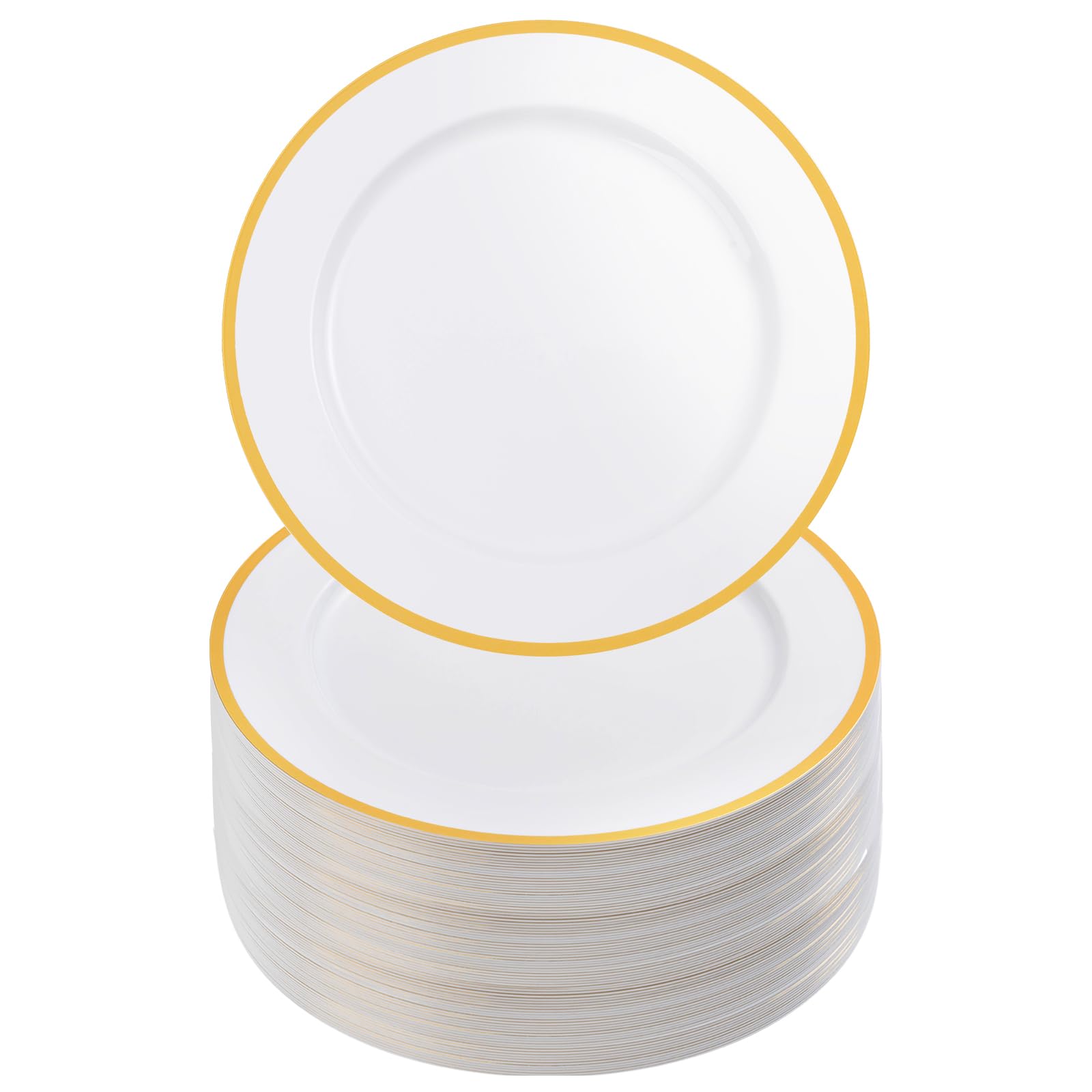 Photo 1 of Goodluck 12 Inch White Charger Plates, 100 Pack Gold Charger Plates, Disposable Charger Plates, Plastic Charger Plates for Dinner, Wedding, Party