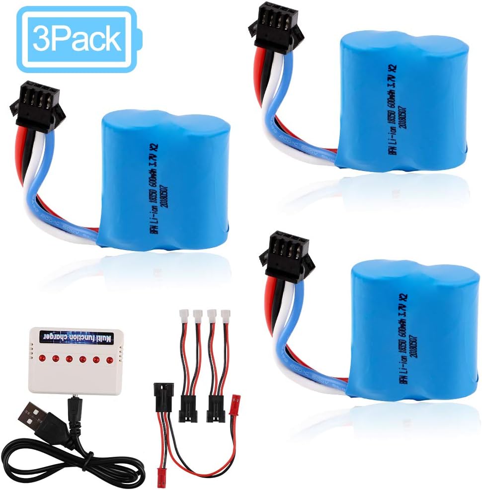 3pcs 600mAh Li-ion Battery, 7.4V(2 3.7V) Li-ion Batteries with 1 to 3 Charger for UDI UDI001, 2s Battery 15C Replacement Battery for Venom RC Boat
