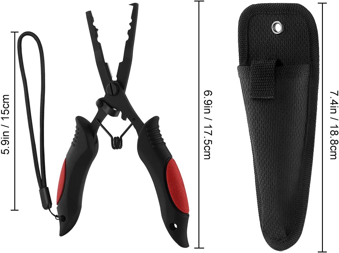 Amazon フィッシングプライヤー 釣り用ペンチ 釣り具 専用ケース 安全ロップ付き 多機能 ステンレス 錆びない 安全ロープ付き 自動リセットばね 鋭い刃 超軽量 ブラック フィッシュフックはずし 固定リード 釣りラインを切る ルアー交換用 レッド