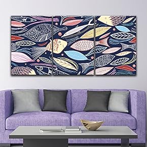3 Panel Canvas Wall Art - Colorful Fish and Leaf Patterns - Giclee Print Gallery Wrap Modern Home Art Ready to Hang - 16"x24" x 3 Panels