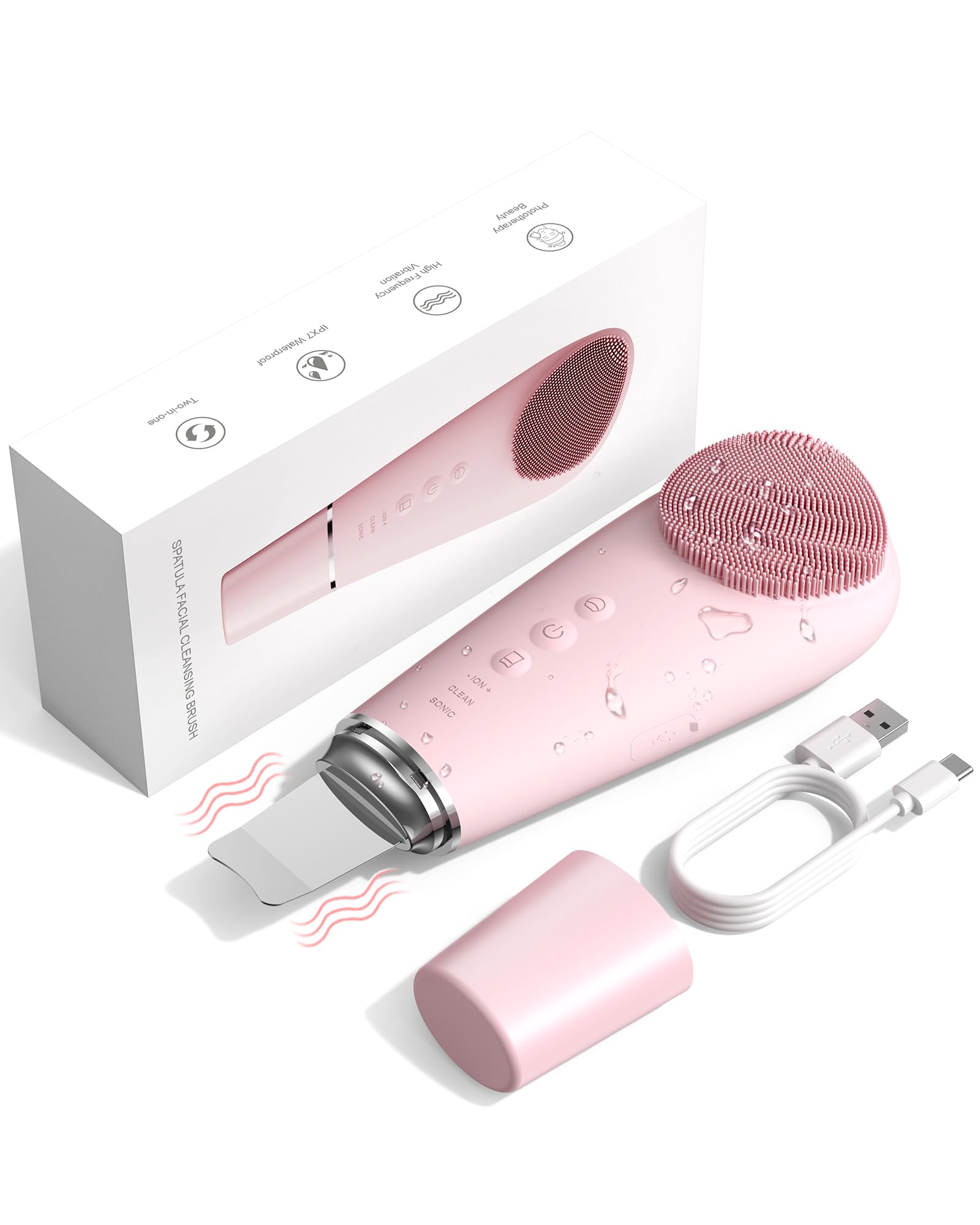 Photo 1 of 2 in 1 Facial Cleansing Brush & Massager, Facial Skin Scrubber Waterproof and Rechargeable Face Scrub for Deep Cleansing Vibrating Exfoliator Scrubber Skin Care with 7 Modes, Gentle Exfoliating - Pink