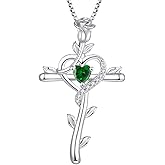 STARCHENIE Rose Cross Necklace 925 Sterling Silver Heart Crucifix Pendant Birthstones Jewelry for Women