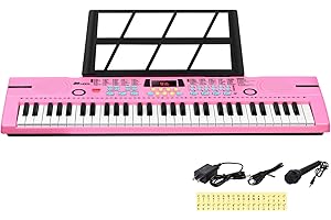 24HOCL 61 Keys Keyboard Piano, Kids Piano Keyboard with UL Adapter, Stand, Built-In Speaker, Mic, Portable Electronic Keyboard for Boys, Girls, Beginners Birthday Holidays Best Gifts