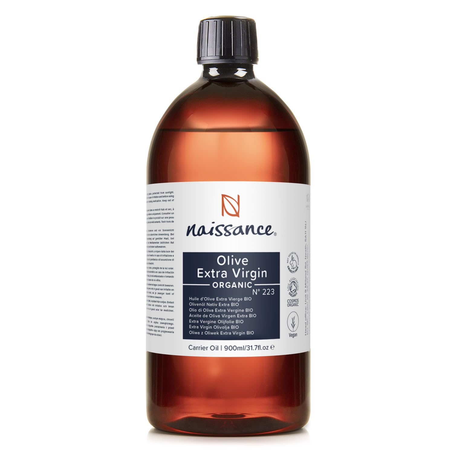 Naissance Organic Extra Virgin Olive Oil (No. 223) 900ml - Pure, Natural, Certified Organic, Unrefined, Cold Pressed, Vegan - Skincare, Haircare and a Massage Oil Base, Face, Body, Hair