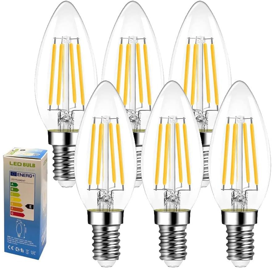 Golopatop C35 E14 LED Candle Light Bulbs,4W LED SES Filament Candle Bulb 2700k Warm White E14 Small Edison Screw Bulbs,40W Equivalent,Non Dimmable,Pack of 6