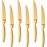 BYEGOU Gold Steak Knives Set of 6, Stainless Steel Serrated Kitchen Knife Set, Heavy Duty Dinner Knives for Cutting Meat, Beef, 8.6 Inch, Dishwasher Safe