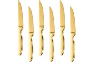 BYEGOU Gold Steak Knives Set of 6, Stainless Steel Serrated Golden Knife Set, Heavy Duty Kitchen Knives for Cutting Meat, Bee