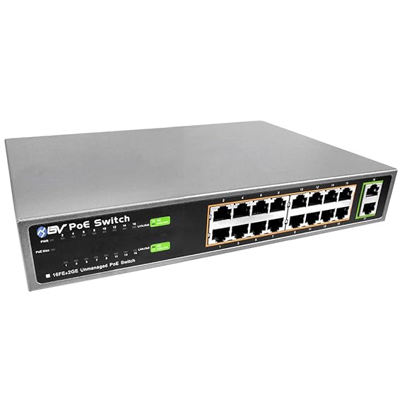 BV-Tech 18 Ports PoE/PoE+ Switch (16 PoE+ Ports | 2 Gigabit Ethernet Uplink) - 19' Rack-Montagehalterung - 130W - 802.3af/at