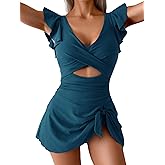 Aidonger One Piece Swimdress Swimsuit for Women Tummy Control Ruffle Swim Dress Skirt V Neck Cutout Wrap Bathing Suit