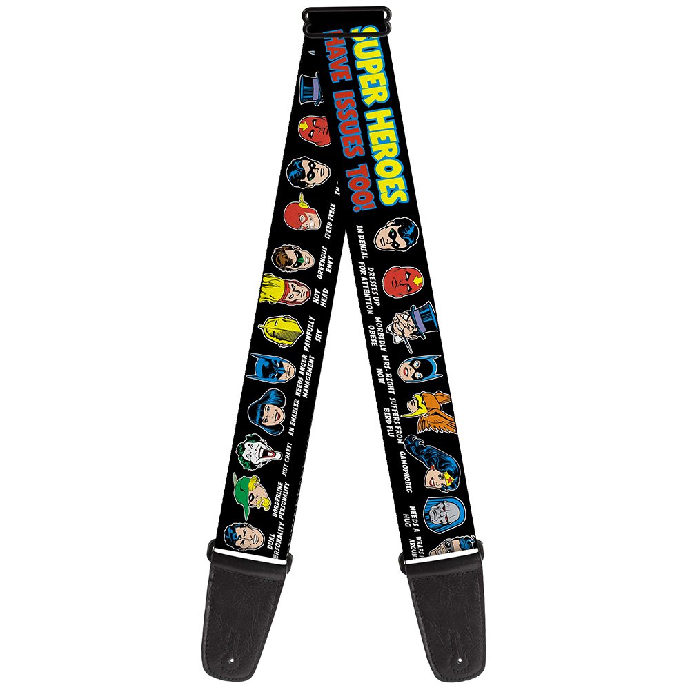 Buckle-Down Guitar Strap DC Originals Super Heroes Have Issues Too Faces Issues Black 2 Inches Wide (GS-WDC004)
