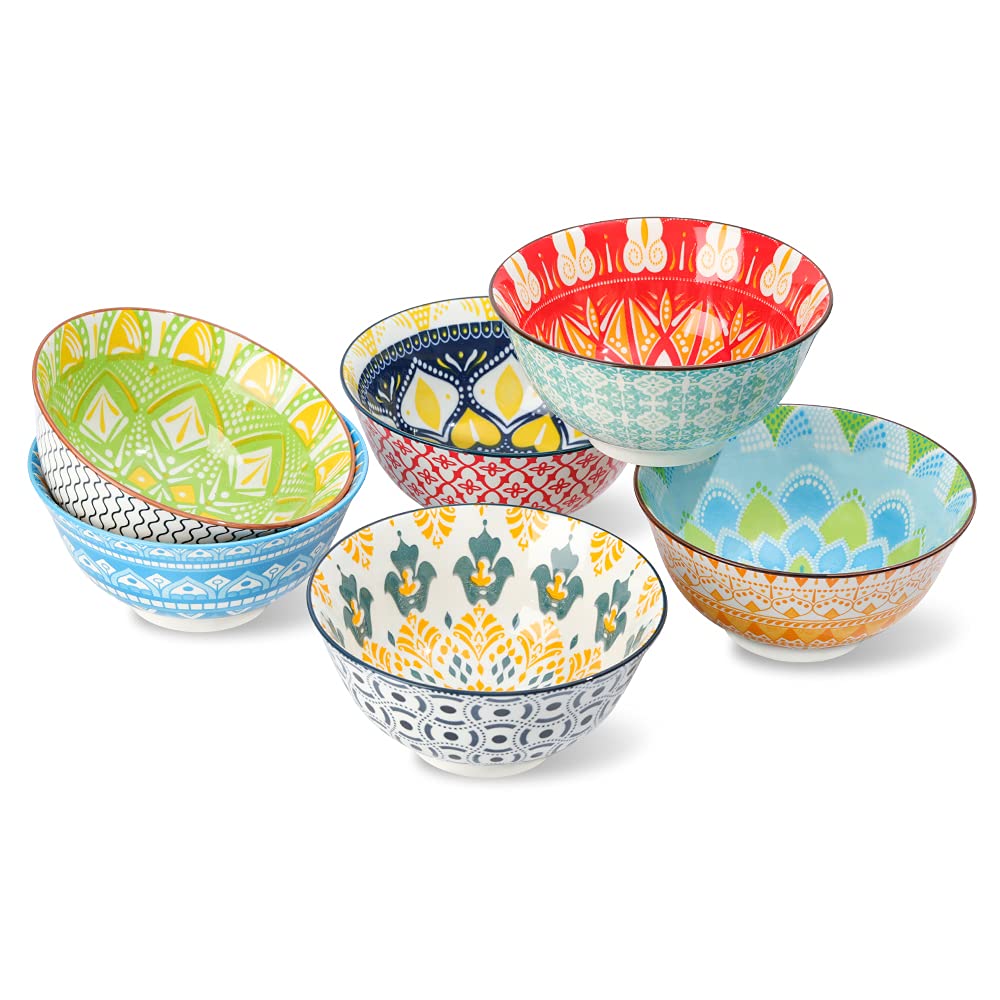 Cereal Bowls Porcelain 24 oz - Salad Soup Bowl Colorful 6.25" - Deep Bowls for Serving Ramen | Noodle | Pasta | Pho | Oatmeal - Microwave and Dishwasher Safe - Set of 6