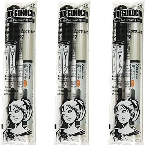 Kuretake Fude Brush Pen FUDEGOKOCHI 2 pcs set For Drowing Each 3 Pens.Total 6 Pens Set