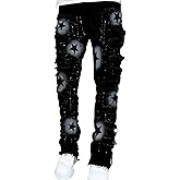 ESDVQ Men's Ripped Jeans Printed Jeans Black Skull Embroidered Slim Jeans Straight Leg Slim Stacked Jeans