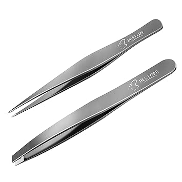 BESTOPE Pinzette Set - 2 Stücke Rostfreies Edelstahl Schrägpinzette Präzisionsspitze - Perfekt Präzisions Augenbrauen Zupfen 