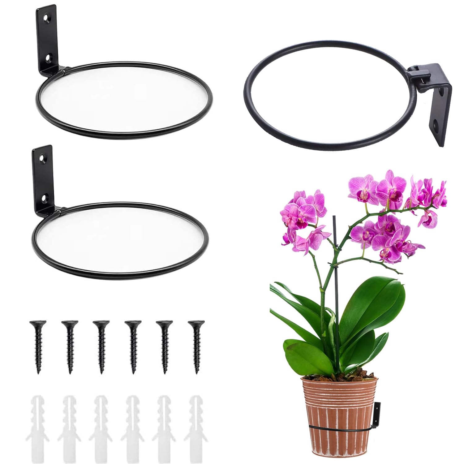 Ompinda Flower Pot Holder Ring, 3 Pack Collapsible Metal Wall Mounted Metal Planter Hangers Ring with Screws for Indoor Use and Outdoor Garden Decor (6 inch)