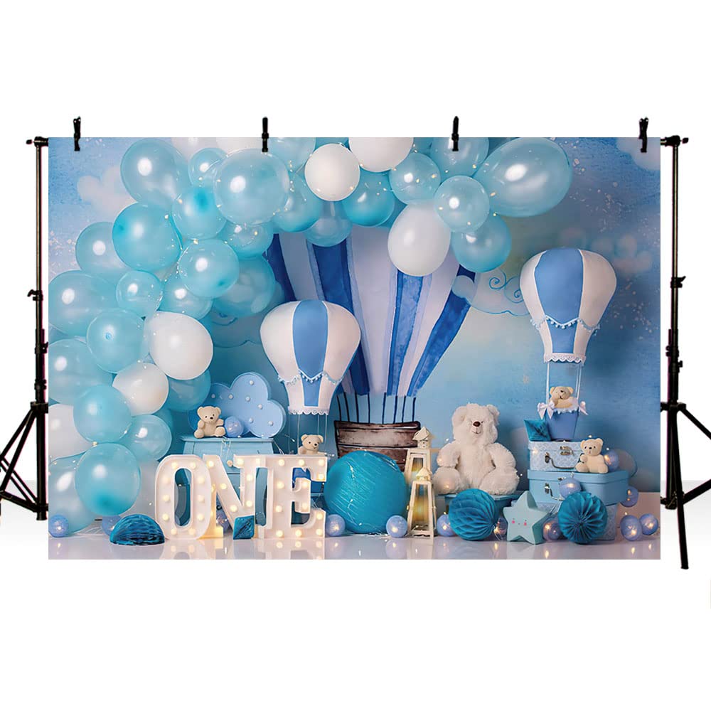 MEHOFOND 8x6ft Blue Boy 1st Birthday Photography Backdrops Balloons Hot Air Balloon Bear Baby Adventure Background Newborn Photographer Photo Props Party Decor Studio Booth Supplies
