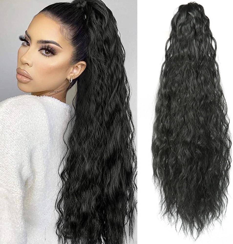 TTPSRY Women’s 50cm Corn Wave Clip-In Ponytail Realistic Synthetic Hair Extensions with Claw Clip - Easy Attach, Volume Boost for Daily Hairstyling, Parties(Black)