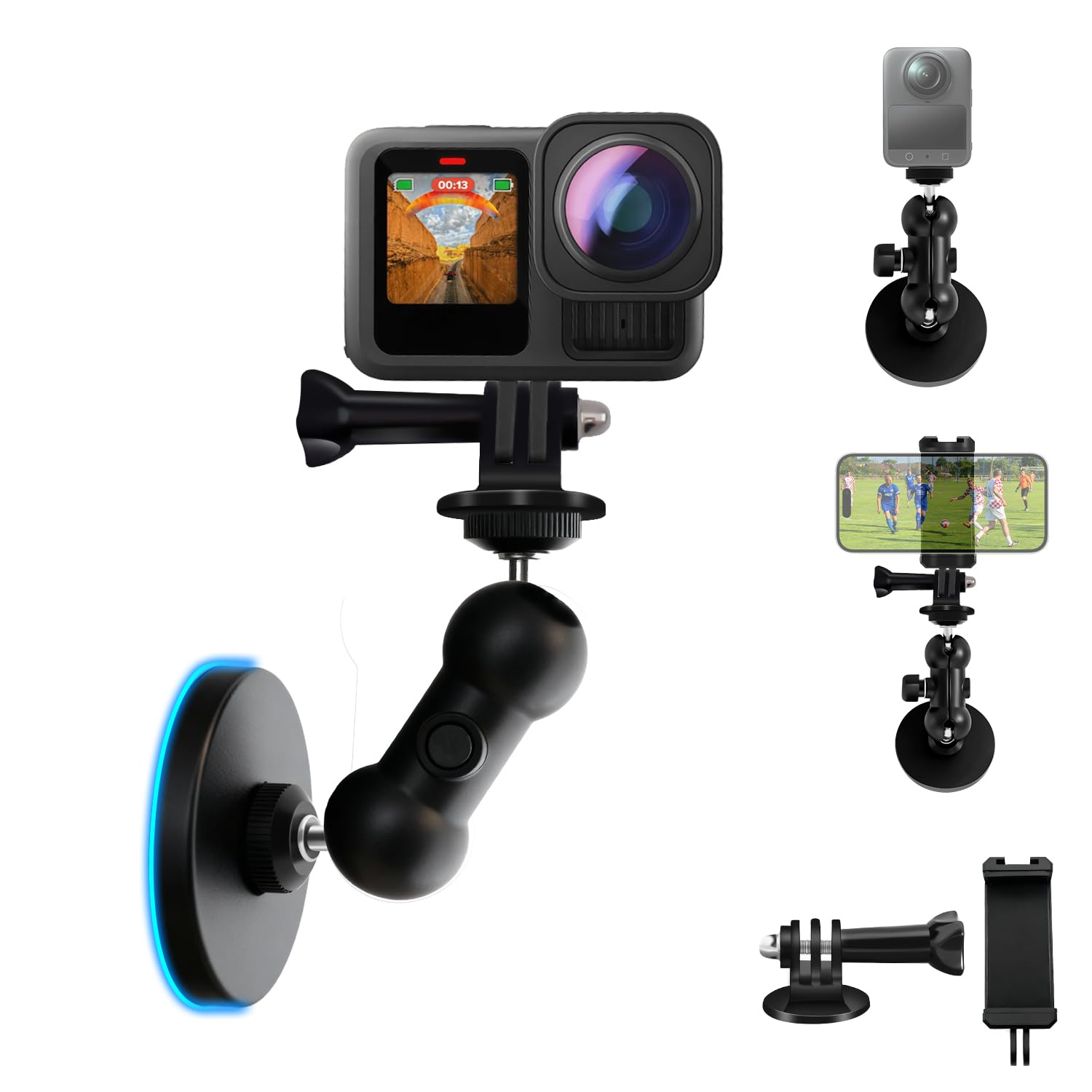 HAFOKO Magnetic Mount with Magic Arm Compatible for DJI Osmo Pocket 3 1/4" Magnetic Base Stand with Holder compatible for Gopro for Insta360 X5-X Go3 Gym Car Mounting compatible for DJI OSMO Nano 360