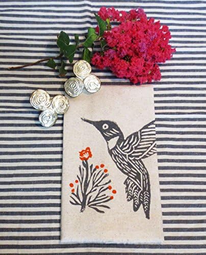 Taupe Flax Cotton Hand Towel Hand Block Print Hummingbird