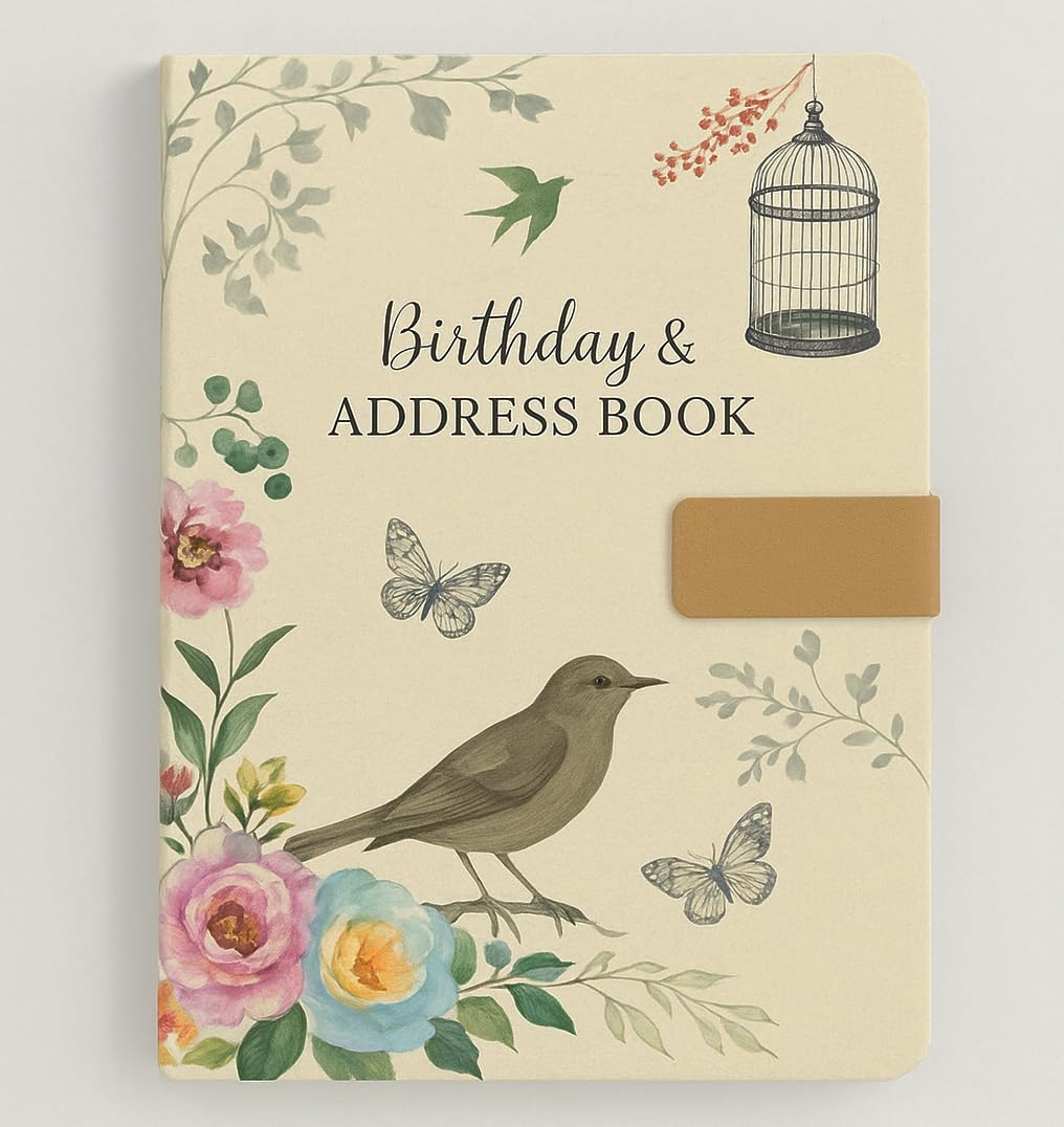 Sixstore Telephone Address & Birthday Book A-Z Index Beautiful Fabric Vintage Style Cover A5 Size Soft Padded Cover Address & Birthday Book with Magnetic Lock - Bird