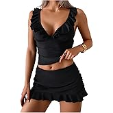SOLY HUX Women's Tankini Swimsuits V Neck Ruffle Swim Top and Skirt Summer Beach Two Piece Bathing Suit