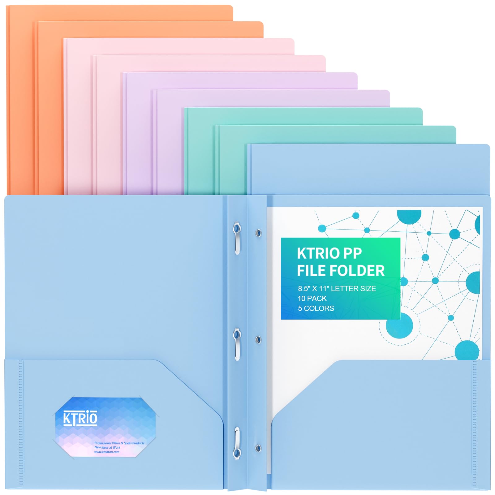 Photo 1 of KTRIO Plastic Pocket Folders with Prongs, Colored Heavy Duty Pocket Folders with Business Card Slot, Letter Size, File Fasteners, for School Office