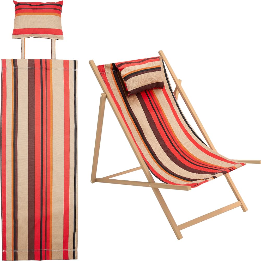 GORGECRAFT Cotton Beach Sling Chair Replacement Canvas Red and Yellow Striped Pattern Chair Oxford Cloth Lounge Chair Fabric Reclining Sling Replacement with Pillow for Garden Courtyard