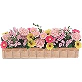 FELTECHELECTR Miniature Wooden Flower Pot Model 1/12 Scale Realistic Dollhouse Accessory with Colorful Clay Plants for Balcony Garden Decor