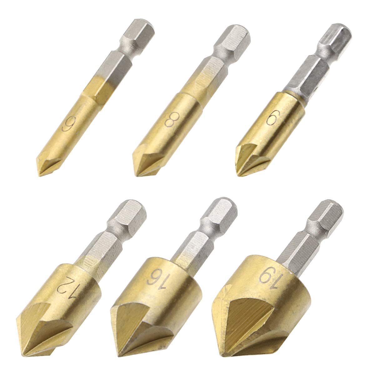 CENPEK Countersink Drill Bit Set- 7 Pcs Counter Sinker Drill Bits for Wood, Quick Change 1/4in Hex Shank 6 Flute 90 Degree Center Punch Tool