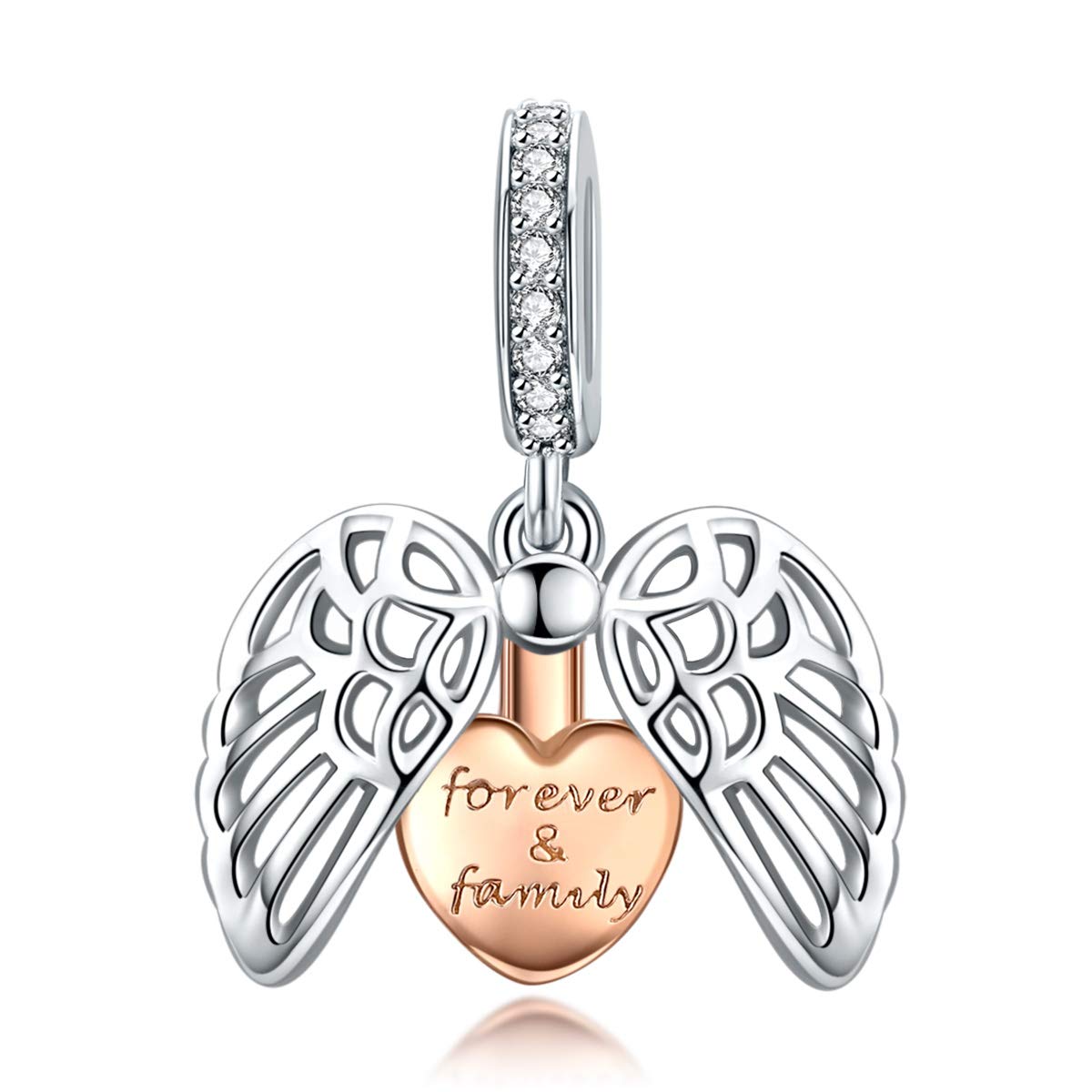 Shining Charm Forever Family 925 Sterling Silver Charms fits Bracelets Rose Gold Plated Heart in Angel Wings Pendant for Necklace