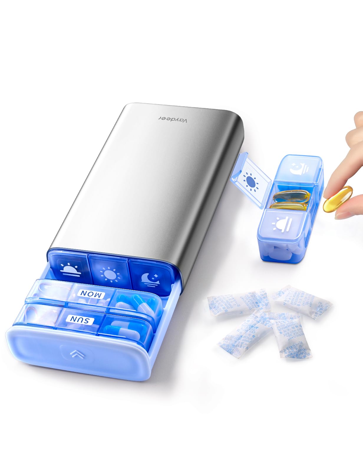 Photo 1 of Vaydeer Large Weekly Pill Organizer 3X a Day,Metal 7 Day Travel Pill Box with Double Protection,Portable Pill Case for for Medication, Vitamins, Fish Oils, Supplements(Silver)