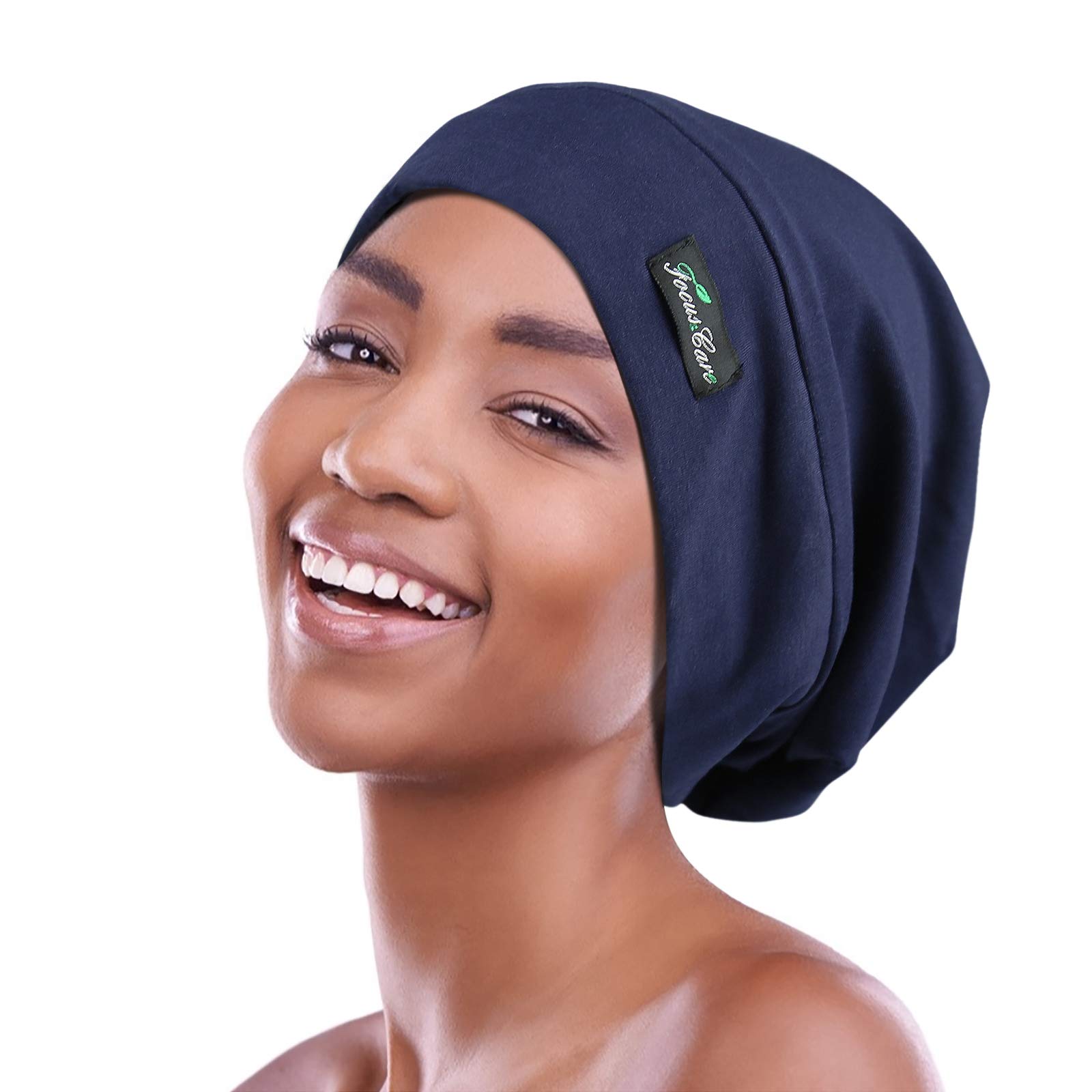 FocusCare Adjustable Sleep Hats,Silk Satin Lining Protect Curly Hair Extra Large Navy — image 1