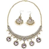 Crystal Indian Jewellery Set Boho Traditional Oxidized Gold-Tone Ethnic Necklace Dangle Flower Daisy Earring Tassel Beaded Choker Tribal Bollywood Jhumka Jewelry Gift for Women Bride Wedding