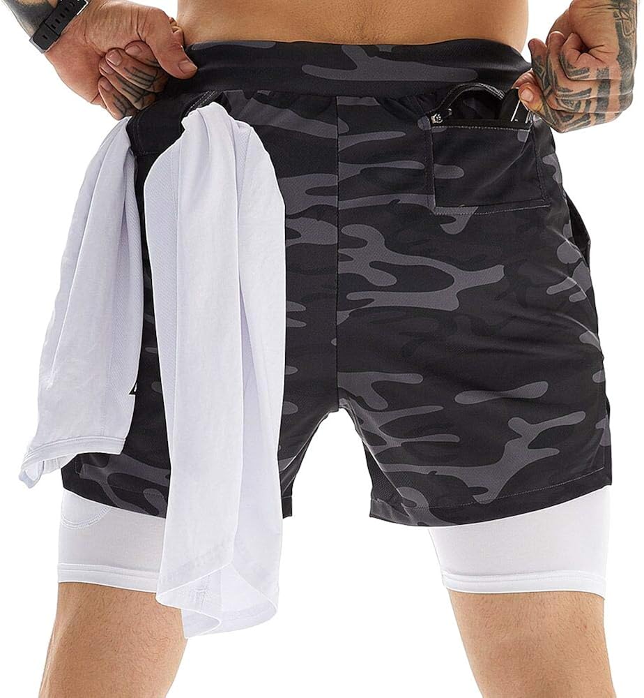 OEBLD Mens Athletic Shorts 2-in-1 Gym Workout Running 7'' Shorts with Towel Loop: Clothing