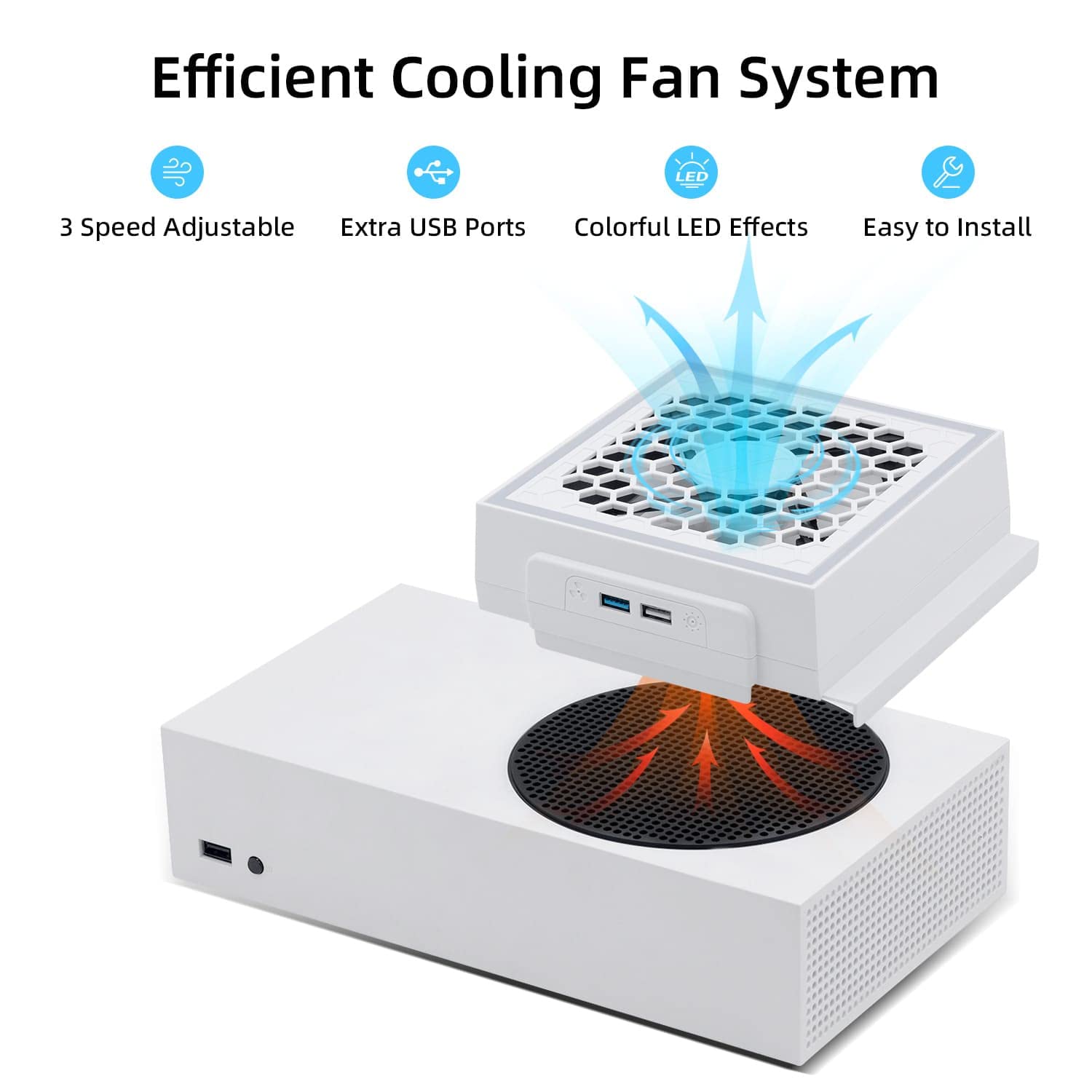 Mcbazel Cooling Fan for Xbox Series S, RGB LED Display, Low Noise, 2 Extra USB Ports, 3 Level Adjustable Speed External Cooler Fan for Xbox Series S Console Only - White
